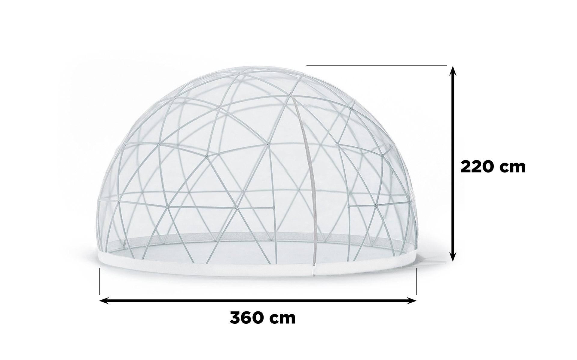 Garden Igloo has a diameter of 360 cm and a height of max. 220 cm. Two zipper screened vents ensure optimal airflow.
